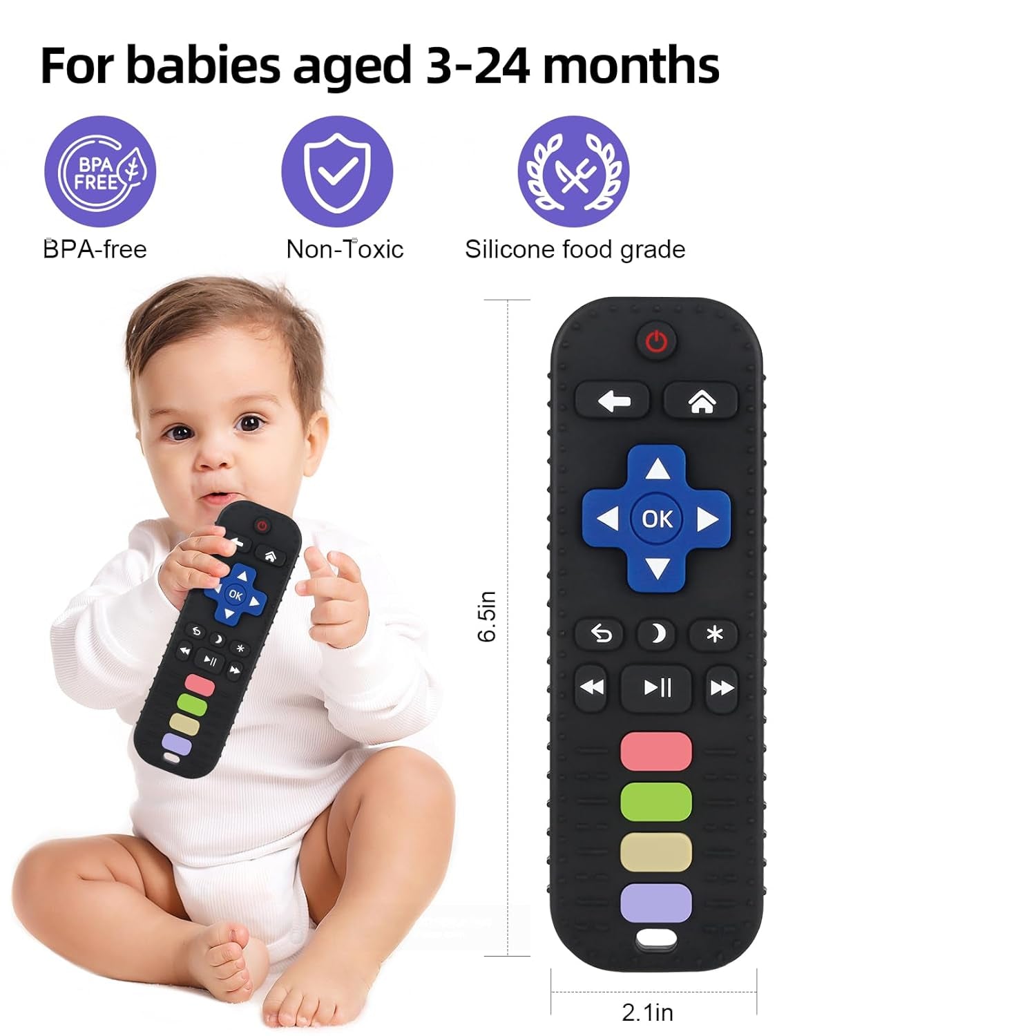 Baby Remote Control Teether Toy Chew Toy for Babies 3-24 Months Teething Relief Baby Toys for Infants Black+Purple