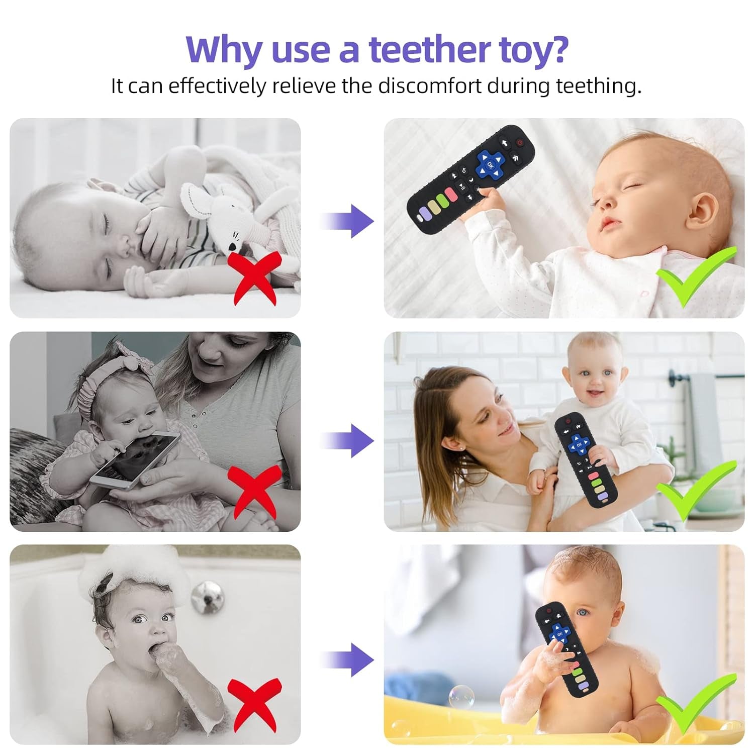 Baby Remote Control Teether Toy Chew Toy for Babies 3-24 Months Teething Relief Baby Toys for Infants Black+Purple