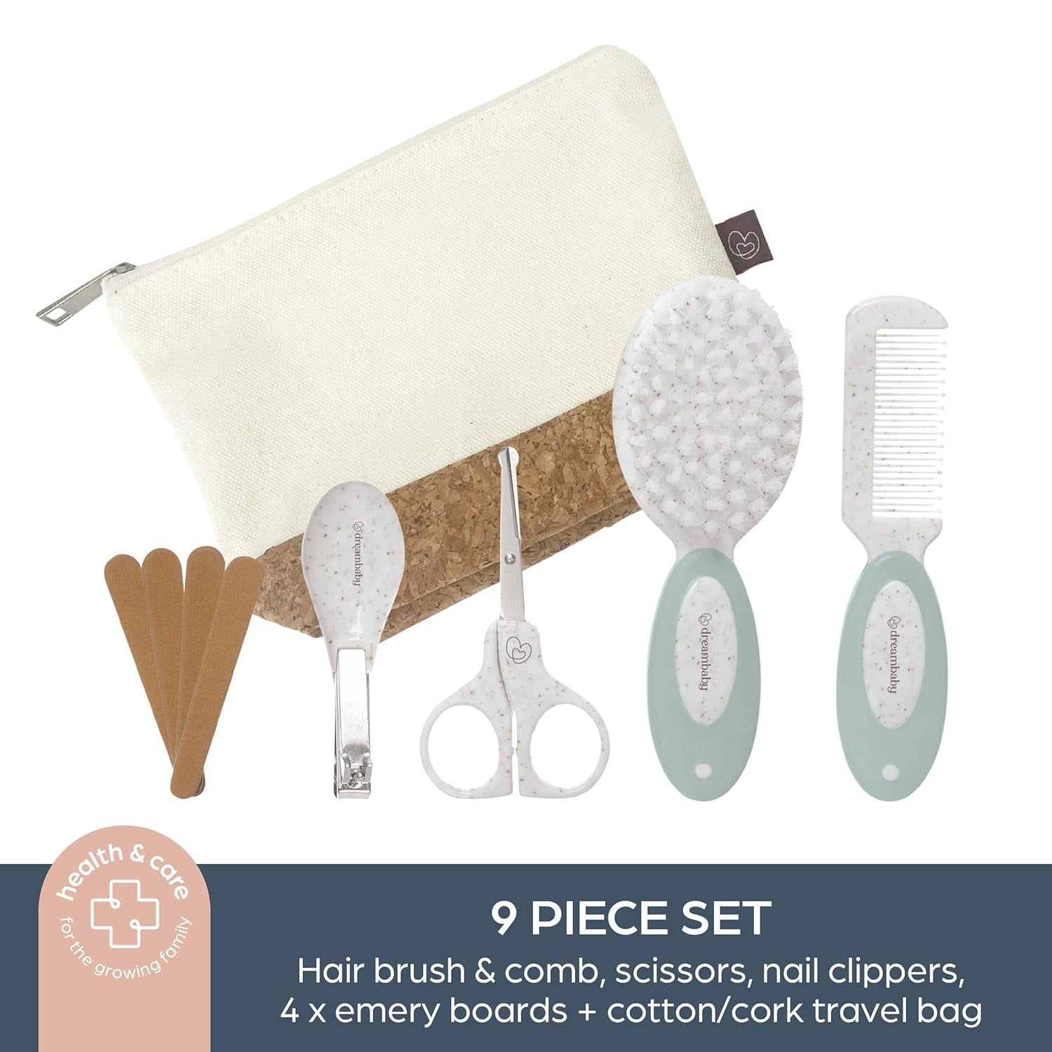 Neat and Tidy 9Pc Baby Grooming Kit with Wheatgrass, Baby Hair Brush and Comb Set, Baby Essentials Baby Travel Essential in Cotton and Cork Bag, Eco Conscious Design