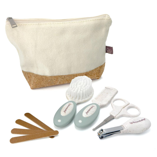 Neat and Tidy 9Pc Baby Grooming Kit with Wheatgrass, Baby Hair Brush and Comb Set, Baby Essentials Baby Travel Essential in Cotton and Cork Bag, Eco Conscious Design