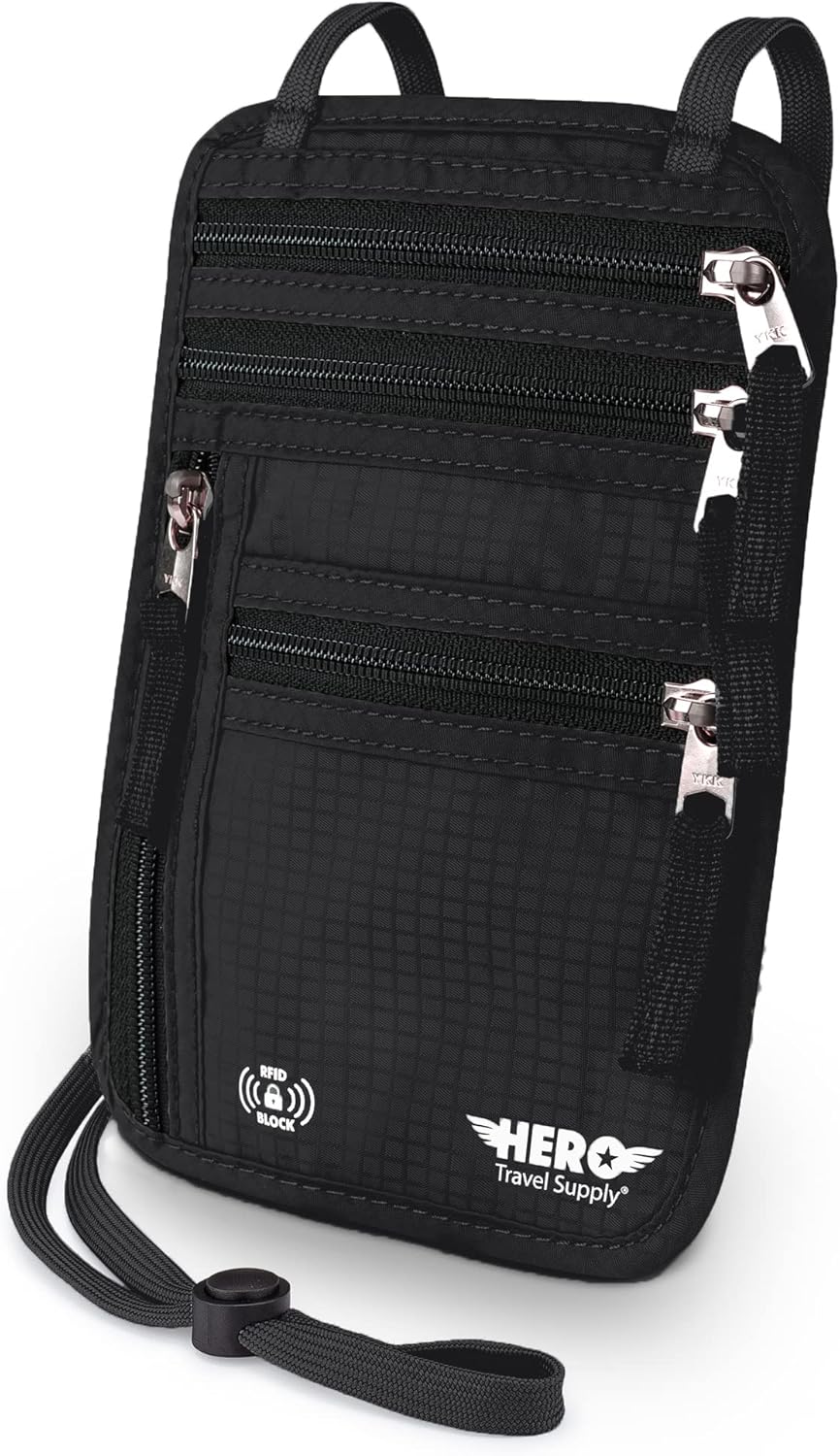 HERO Neck Wallet - RFID Blocking Passport Holder, Easy to Conceal Travel Pouch (Army Grey)