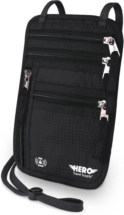 HERO Neck Wallet - RFID Blocking Passport Holder, Easy to Conceal Travel Pouch (Army Grey)